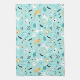 Cute Easter Bunny Pattern Kawaii Rabbits Eggs  Tea Towel