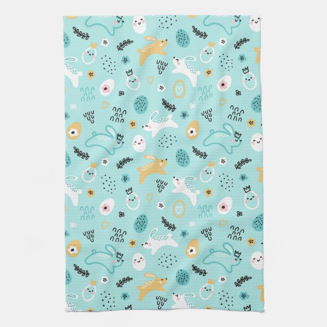 Cute Easter Bunny Pattern Kawaii Rabbits Eggs  Tea Towel (Vertical)