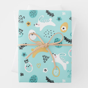 Cute Easter Bunny Pattern Kawaii Rabbits Eggs  Wrapping Paper Sheet