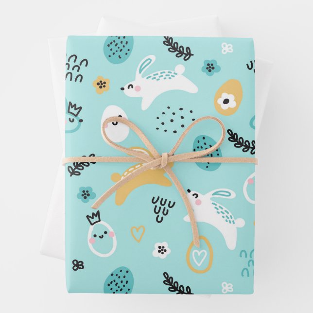 Cute Easter Bunny Pattern Kawaii Rabbits Eggs  Wrapping Paper Sheet (In situ)