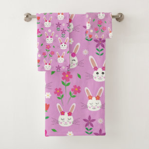 Cute Easter bunny pattern with flowers on Pink Bath Towel Set