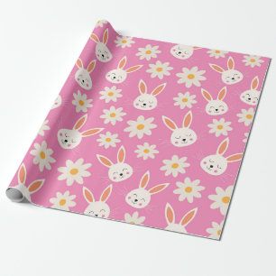 Cute Easter Bunny Pattern with Flowers on Pink Wrapping Paper