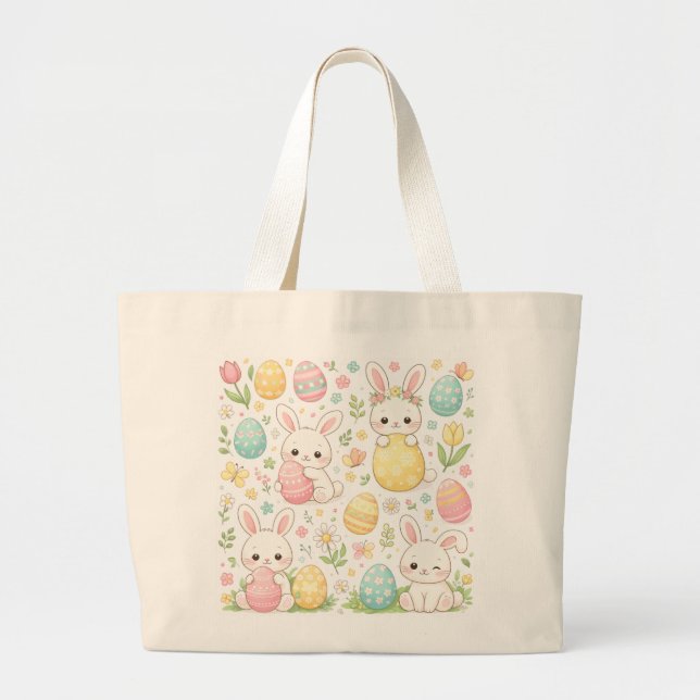 Cute Easter Bunny Pattern with Pastel Eggs & Flowe Large Tote Bag (Front)