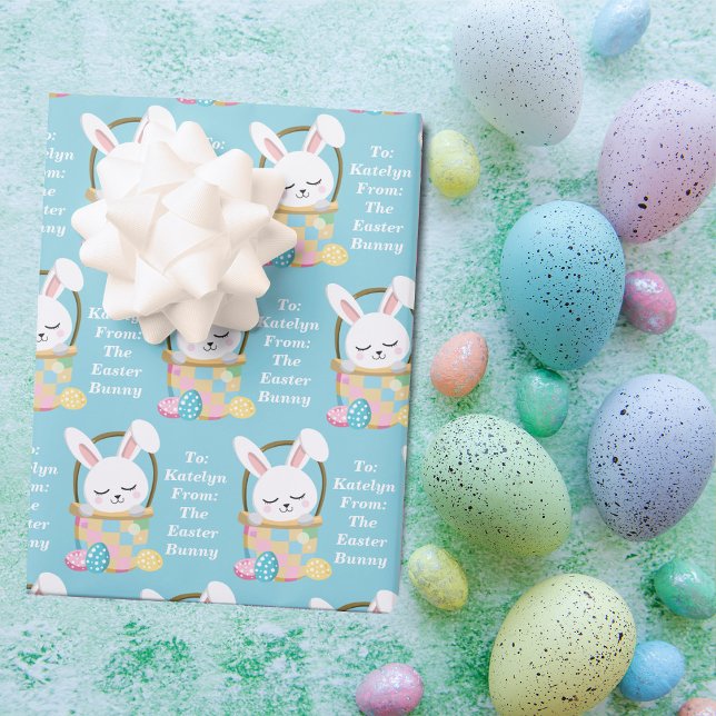 Cute Easter Bunny Personalised Baby Blue Wrapping Paper Sheet (Creator Uploaded)