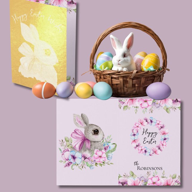 Cute Easter Bunny Pink Blue Floral Gold Foil Card (Creator Uploaded)