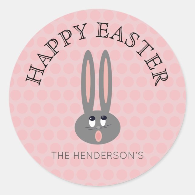 Cute Easter Bunny Pink Dots Personalised Classic Round Sticker (Front)