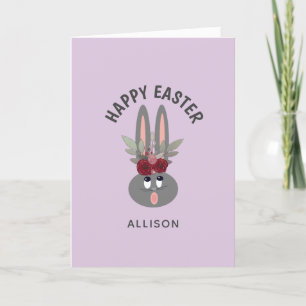 Cute Easter Bunny Purple Floral Personalised Holiday Card
