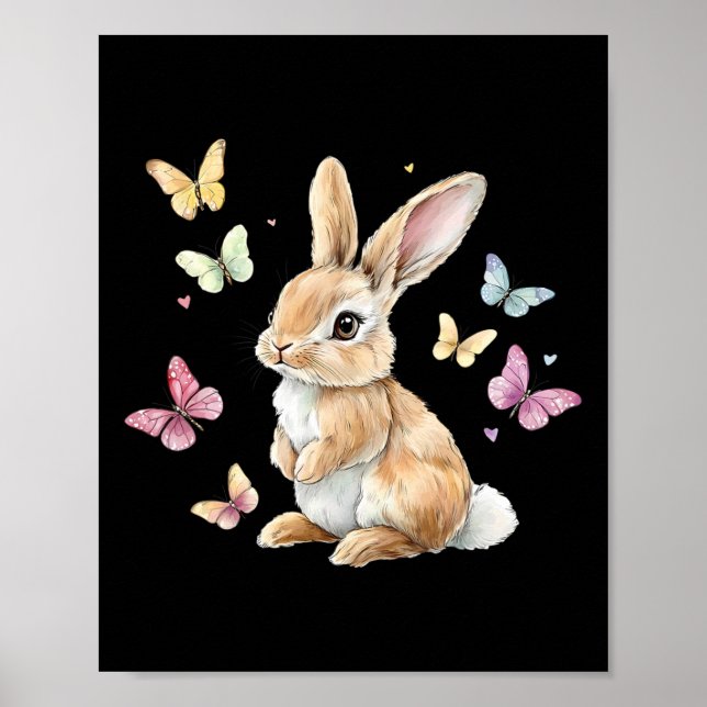 Cute Easter Bunny Rabbit Butterfly  Poster (Front)