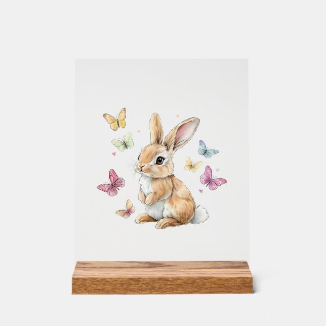 Cute Easter Bunny Rabbit Butterfly T-Shirt Acrylic Sign (Front)