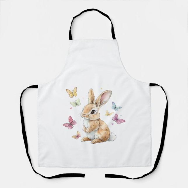 Cute Easter Bunny Rabbit Butterfly T-Shirt Apron (Front)