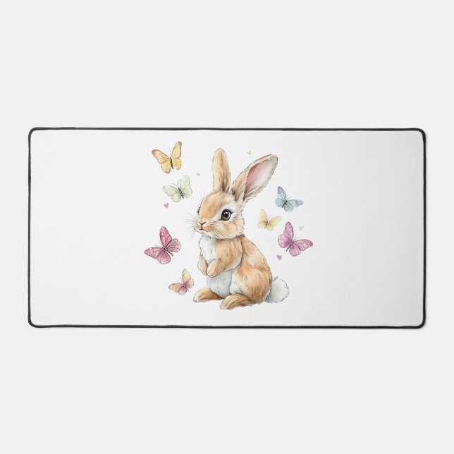 Cute Easter Bunny Rabbit Butterfly T-Shirt Desk Mat (Front)