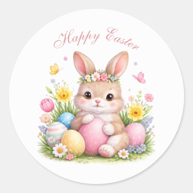 Cute Easter Bunny Rabbit Pink Blush Peony Classic Round Sticker (Front)