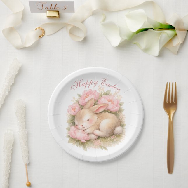 Cute Easter Bunny Rabbit Pink Blush Peony Paper Plate (Wedding)