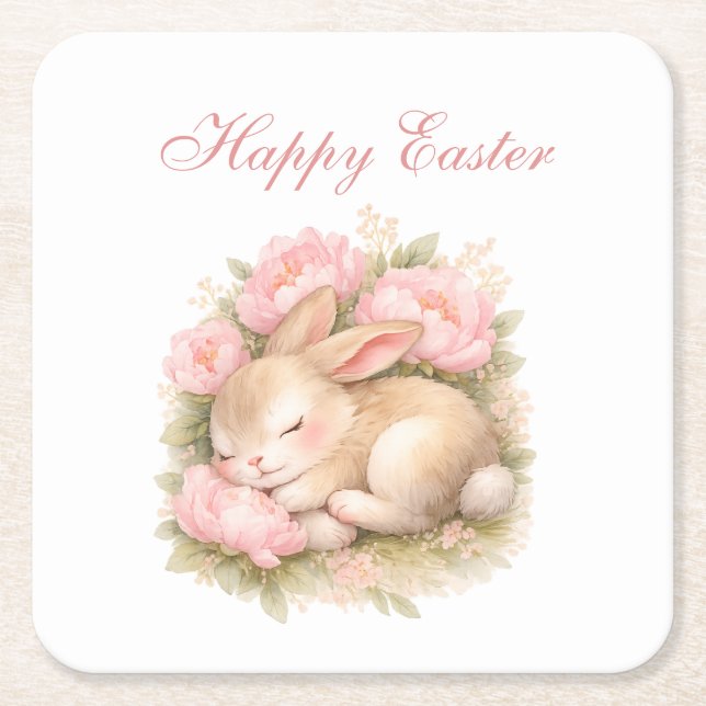 Cute Easter Bunny Rabbit Pink Blush Peony  Square Paper Coaster (Front)