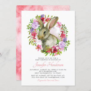 Cute Easter Bunny Rabbit Pink Floral Baby Shower Invitation