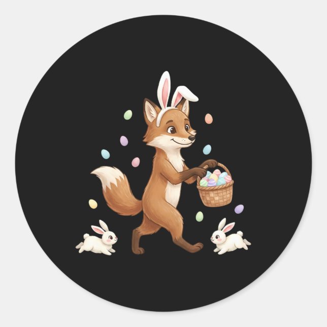 Cute Easter Bunny Rabbit With Eggs Whimsical Fox D Classic Round Sticker (Front)