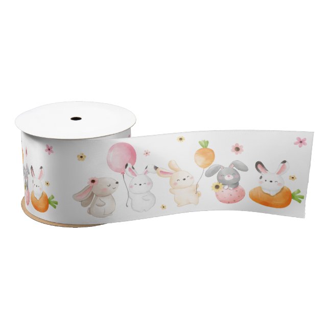 Cute Easter Bunny Rabbits Spring Flowers Carrots Satin Ribbon (Spool)