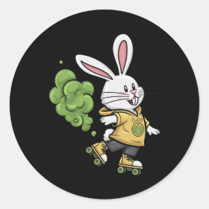 Cute Easter Bunny Roller Skating Illustration Desi Classic Round Sticker