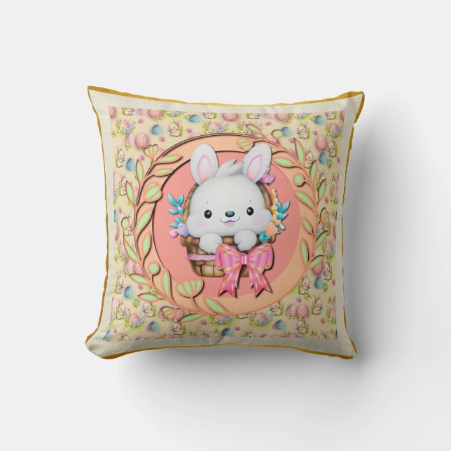Cute Easter Bunny Sitting in The Basket Cushion (Front)