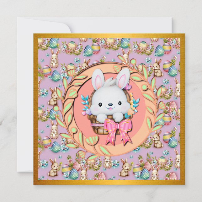 Cute Easter Bunny Sitting in The Basket Invitation (Front)