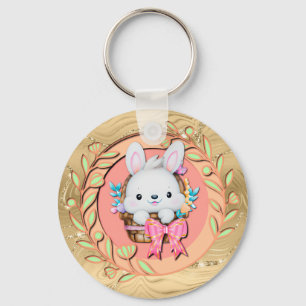 Cute Easter Bunny Sitting in The Basket Key Ring