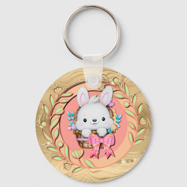 Cute Easter Bunny Sitting in The Basket Key Ring (Front)