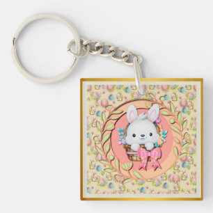 Cute Easter Bunny Sitting in The Basket Key Ring
