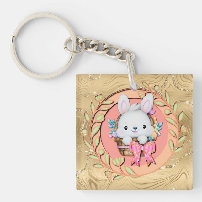 Cute Easter Bunny Sitting in The Basket Key Ring (Front)