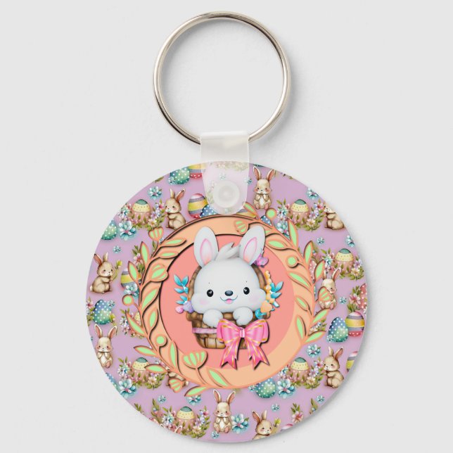 Cute Easter Bunny Sitting in The Basket Key Ring (Front)