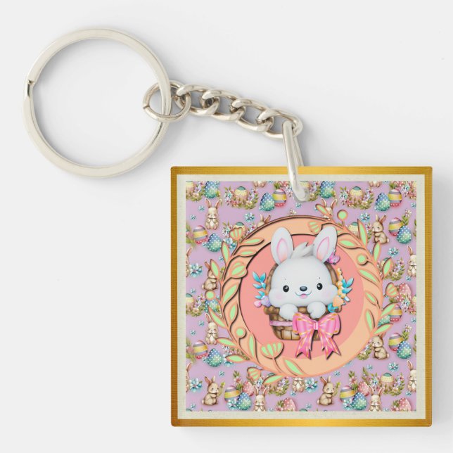 Cute Easter Bunny Sitting in The Basket Key Ring (Front)