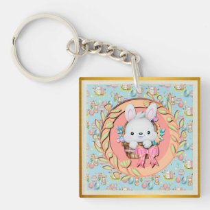 Cute Easter Bunny Sitting in The Basket Key Ring
