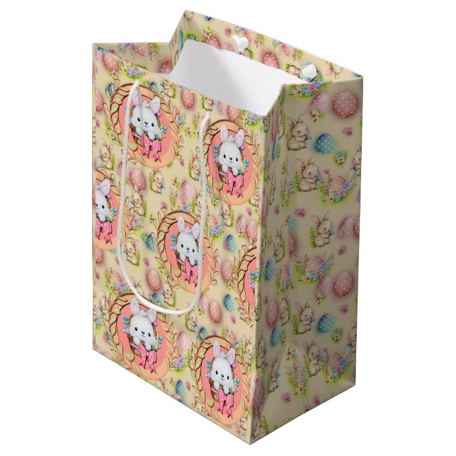 Cute Easter Bunny Sitting in The Basket Medium Gift Bag (Front Angled)