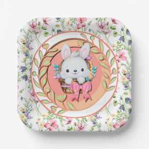 Cute Easter Bunny Sitting in The Basket Paper Plate