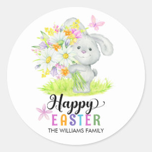 Cute Easter Bunny Spring Flowers Typography Classic Round Sticker