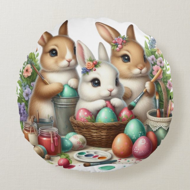Cute, Easter Bunny/Spring paint party Round Cushion (Front)