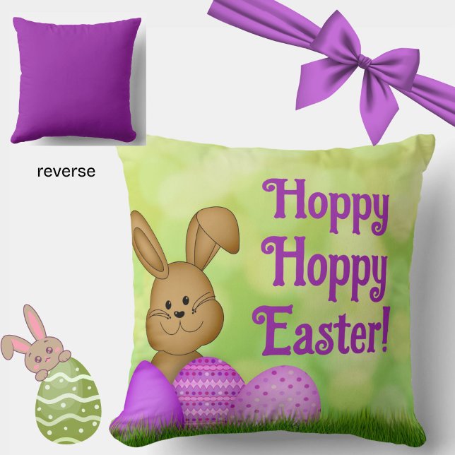 Cute Easter Bunny Spring Watercolor Green Purple  Cushion (A cheery, spring green and purple Easter pillow, featuring an adorable Easter bunny.)