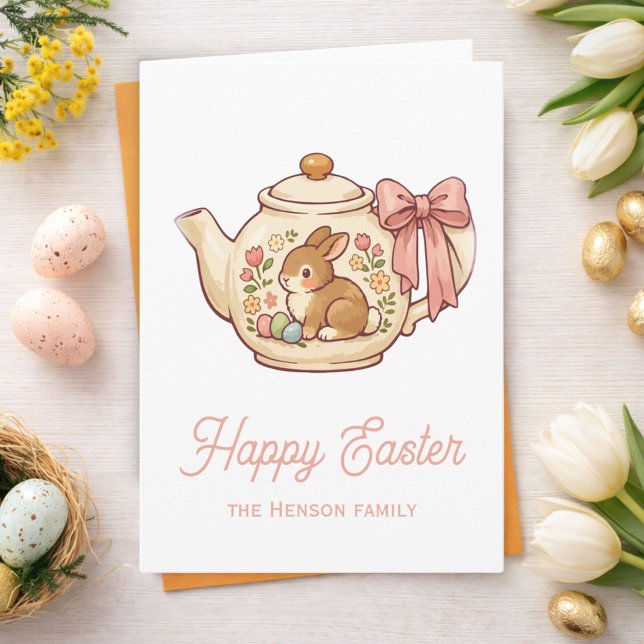 Cute Easter Bunny Teapot Flowers Card (Creator Uploaded)