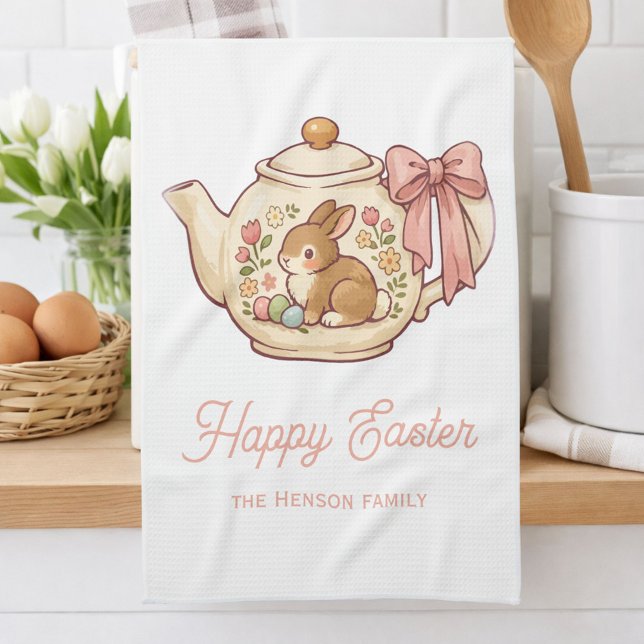 Cute Easter Bunny Teapot Flowers Tea Towel (Creator Uploaded)