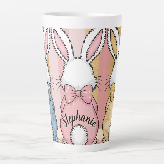 Cute Easter Bunny Trio Pastel Animal Print, Name Latte Mug (Front)