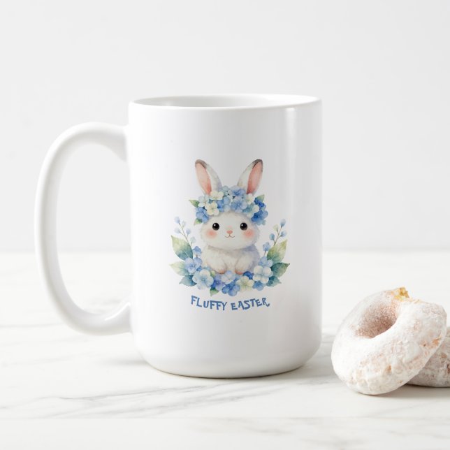 Cute Easter Bunny Watercolor with Hydrangea Coffee Mug (With Donut)