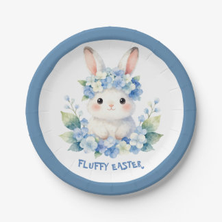 Cute Easter Bunny Watercolor with Hydrangea Paper Plate