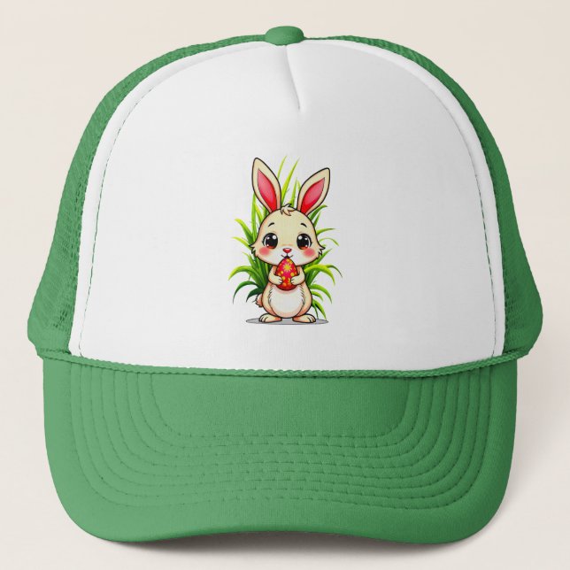Cute Easter Bunny Wearing Cap Holding Egg (Front)