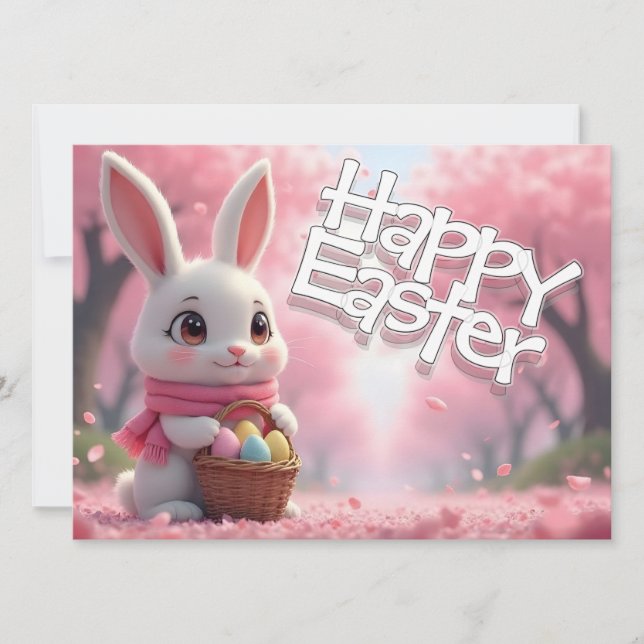 Cute Easter Bunny with Basket and Colourful Eggs (Front)