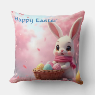 Cute Easter Bunny with Basket of Colourful Eggs Cushion