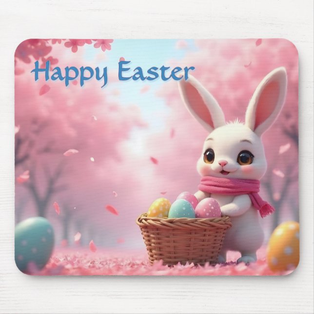 Cute Easter Bunny with Basket of Colourful Eggs Mouse Pad (Front)