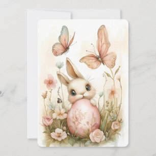 Cute Easter Bunny with Butterflies & Flowers Holiday Card