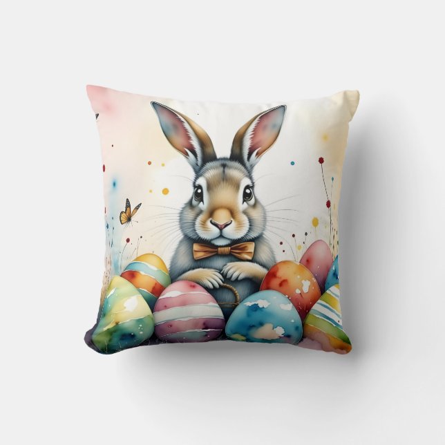 Cute Easter Bunny with Colorful Painted Eggs Cushion (Front)