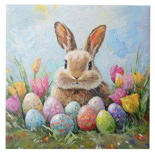 Cute Easter Bunny with Coloured Eggs Ceramic Tile