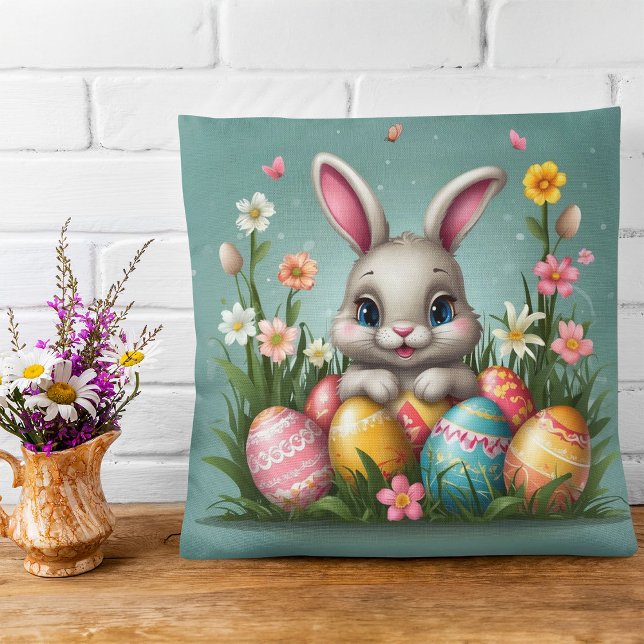 Cute Easter Bunny with Coloured Eggs Floral Cushion (Creator Uploaded)