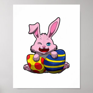 Cute Easter Bunny with Coloured Eggs - Happy Easte Poster